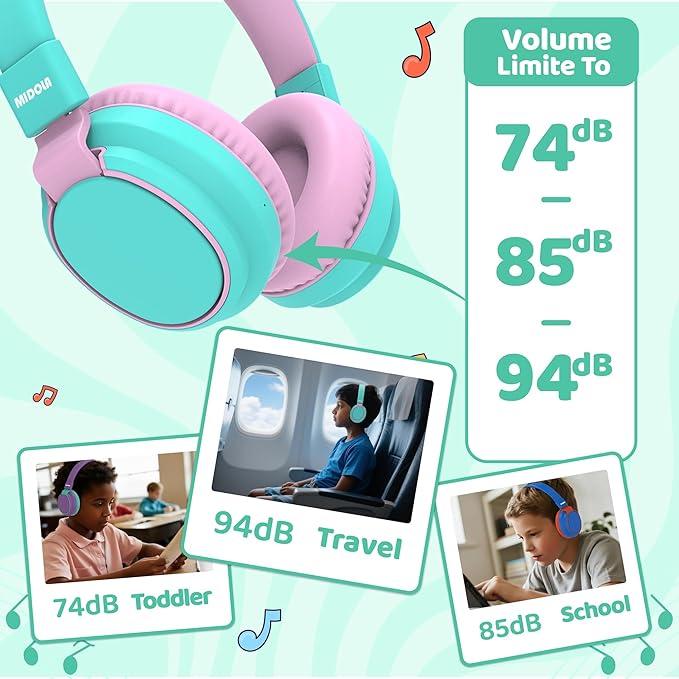 MIDOLA Kids Headphones Wireless Bluetooth 5.4 68H Play Time Volume Limit 85/94dB Over-Ear Foldable Headset,Type-C Fast Charging,with Wired Aux Mic for Toddler Boy Girl Pad Tablet Cyan