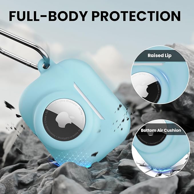 2 in 1 Silicone Case Compatible with AirPods Pro 3 and AirTag 2/1, Shockproof Protective Case Cover for AirPods Pro 3rd Generation 2025 with Cleaner Kit & Carabiner (Sky Blue)
