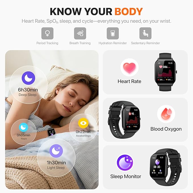 Smart Watch for Women Men,(Answer/Make Call) 1.83'' Fitness Activity Tracker Smartwatch for Android iPhone iOS Compatible,IP68 Waterproof Step Counter Watch with Sleep Monitor, 2 Traps