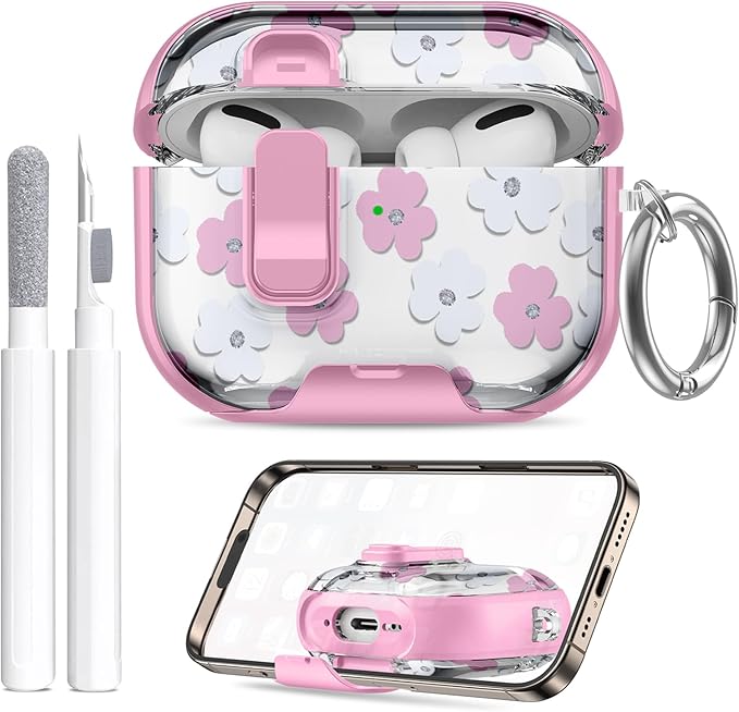 Compatible Airpods Pro 3 Case (2025) with Phone Stand & Cleaner Kit,Cute Flower Print Soft Silicone Lock Clip Apple AirPods Pro 3rd Generation Case, Airpod Pro 3 Cover with Keychain for Women/Girls