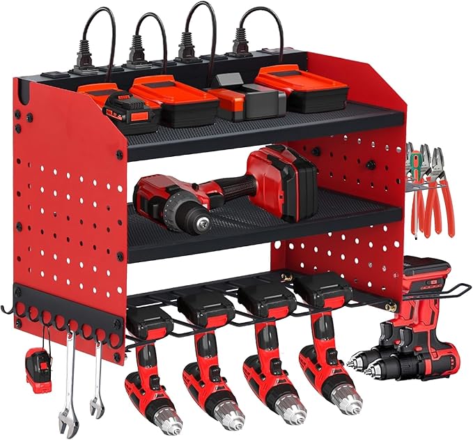 Power Tool Organizer, Drill Holder Wall Mount with Charging Station, Heavy Duty 3-Layer Power Pool Storage with 8 Outlets, 4 Drill Storage Shelf with Hooks, Battery Storage Holder for Garage