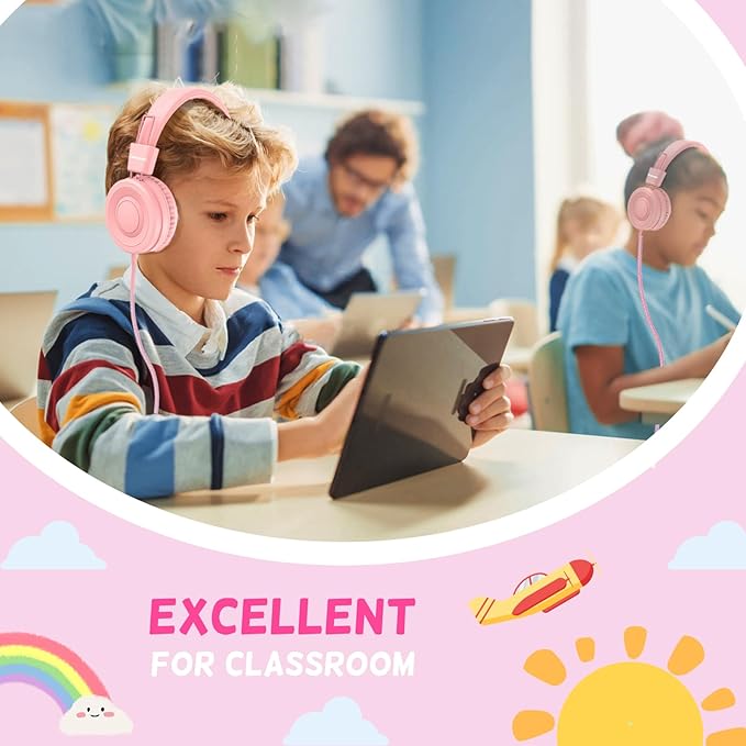USB Type C Kids Headphones for School, Wired Toddler Headphones, 94dB Volume Limited, HD Stereo Sound, Foldable Lightweight On-Ear Wired Headphones for Kids/Children/Teens/Boys (Light Pink)