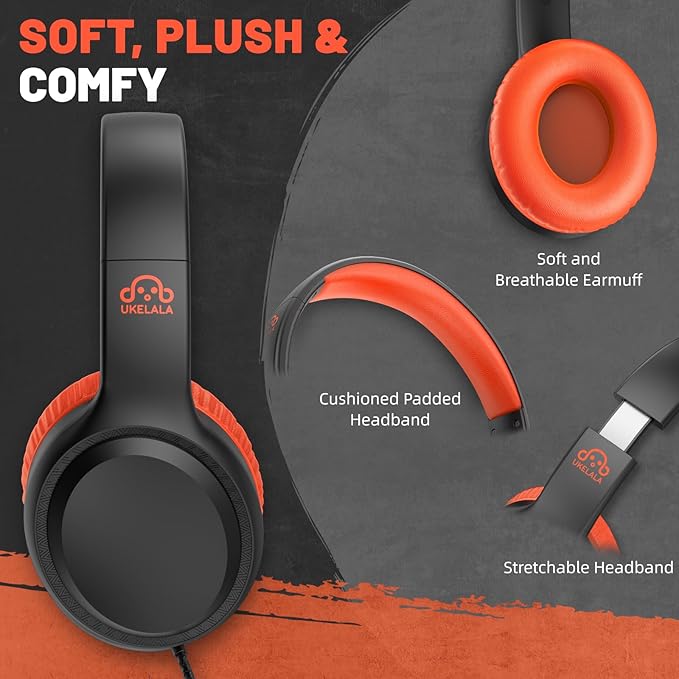 Orange Wired Headphones for Boys Portable On Ear Youth Headphones for School Airplane Travel Lightweight Portable Compatible with Pad Computer Laptop for Adults Student Children Girls Kids