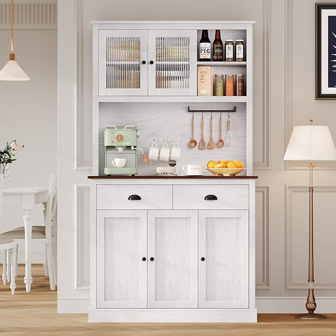 GarveeHome Kitchen Pantry Storage Cabinet, 71 in Tall Wood Pantry with Microwave Stand, Modern Kitchen Hutch Cabinet, Coffee Bar Hutch with Wine Rack for Dining Room, Living Room, White