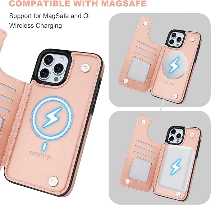 ONETOP Compatible with Magsafe for iPhone 13 Pro Max Wallet Case with Card Holder, PU Leather Kickstand RFID Blocking Case, Double Magnetic Clasp and Durable Shockproof Cover 6.7 Inch (Rose Gold)