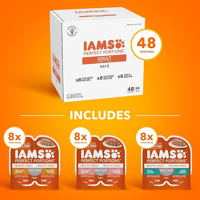 IAMS Perfect Portions Adult Wet Cat Food Pate, Chicken, Salmon, and Tuna Recipe Variety Pack, 2.6 oz. Easy Peel Twin-Pack Trays (24 Count, 48 Servings)