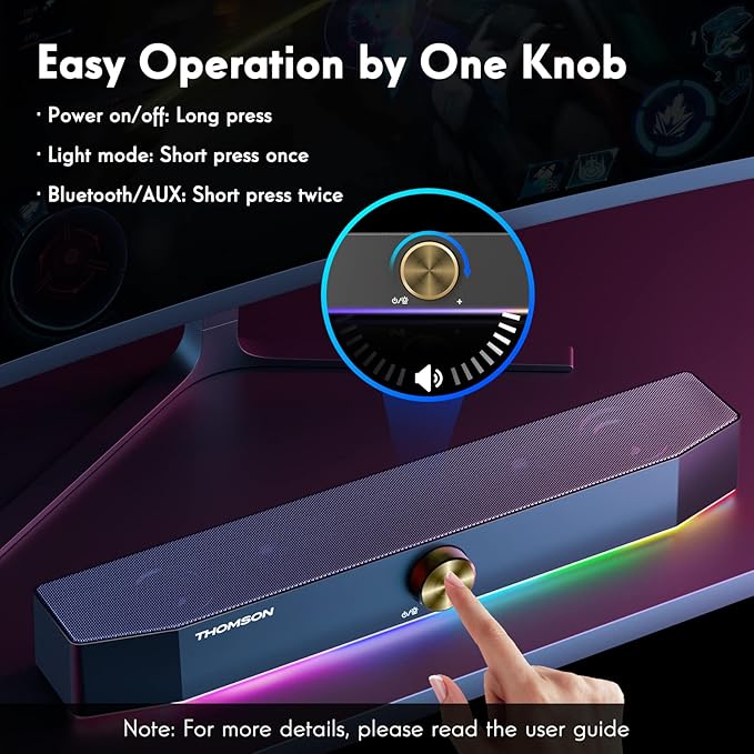 THOMSON Computer Speakers, Bluetooth Computer SoundBar, Dynamic RGB PC Speakers with 10W Stereo Sound, 3.5mm Aux-in Connection, USB Powered Computer Speakers for PC, Desktop Monitor, Laptop, Tablets