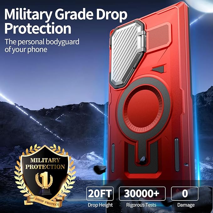 Camera Stand Case for Galaxy S25 Ultra, [Compatible with MagSafe][Lens Cover] 2024 Version Military Grade Protective Soft Case for Samsung Galaxy S25 Ultra 6.86" Men Women, Red