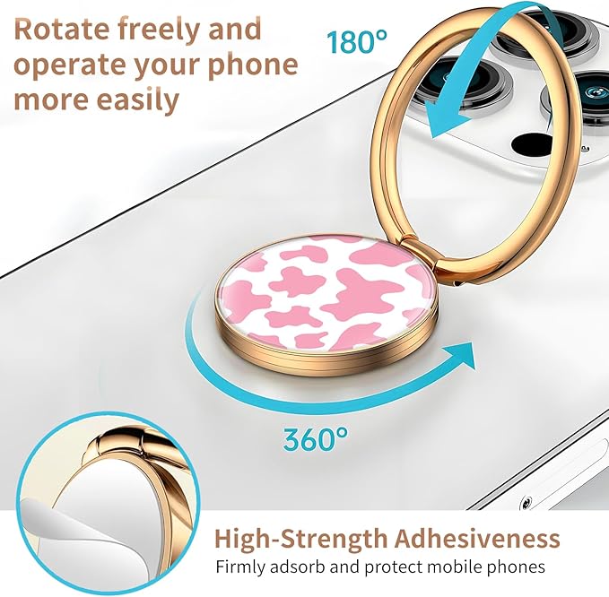 Cell Phone Ring Holder, Cute Metal Phone Grip Stand Finger Ring Kickstand, Flexible 360°Rotation Phone Tablet Case Accessories Compatible with Most Phones Cute Pink Cowhide