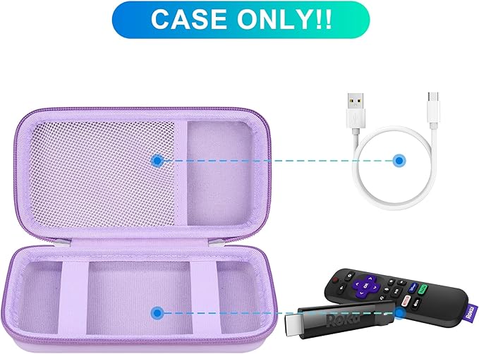 BOVKE Hard Case for Roku Voice Remote Controller, Streaming Stick+ / 4K, TV Remote Case for Steaming Stick 3820R/ 3821R/3941R, Extra Mesh Pocket for Adapters, Cables, Purple