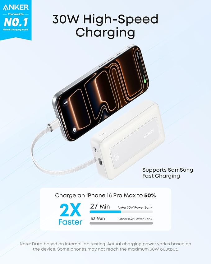 10000mAh 30W Portable Charger Power Bank with USB-C Fast Charging for iPhone and Android White