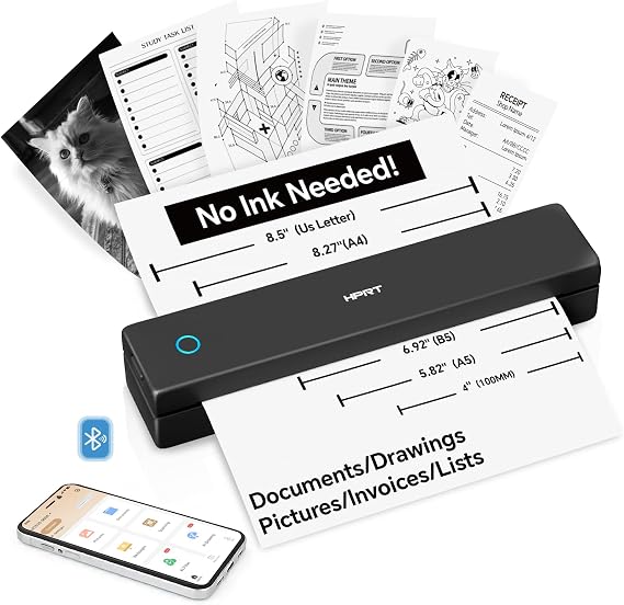 HPRT Portable Thermal Inkless Travel Printer & 10sheets Matte Black