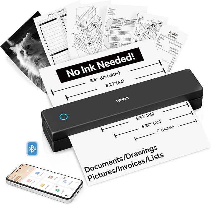 HPRT Portable Thermal Inkless Travel Printer & 10sheets Matte Black
