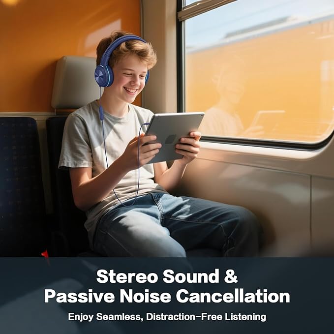 SIMOLIO Wired Kids Headphones for School with Microphone, Volume Limiting & Noise Cancelling PC Headset with Cord, Plug in Headphones for Tablet, Laptop (Navy Blue)