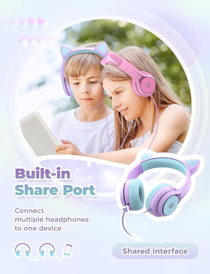 iClever Cat Ear Led Light Up Kids Headphones with Microphone, HS20 Wired Headphones -Shareport- 94dB Volume Limited, Foldable Over-Ear Headphones for Kids/School/iPad/Tablet/Travel (Medium, Purple)