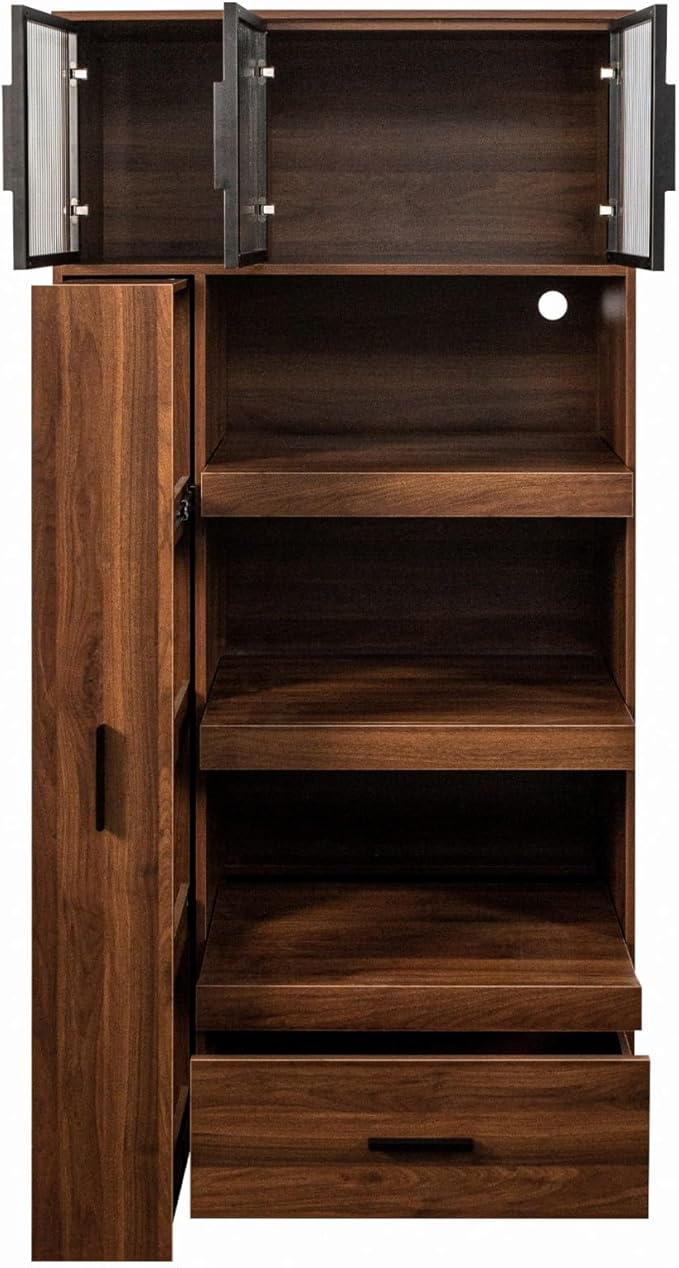 KEIKI 70.87" Tall Kitchen Pantry Storage Cabinet with Multi-Functional Pull-Out Shelf, Drawers, Glass Doors & Microwave Stand, Wood Hutch Food Pantries Cupboard for Coffee Bar, Dining Room