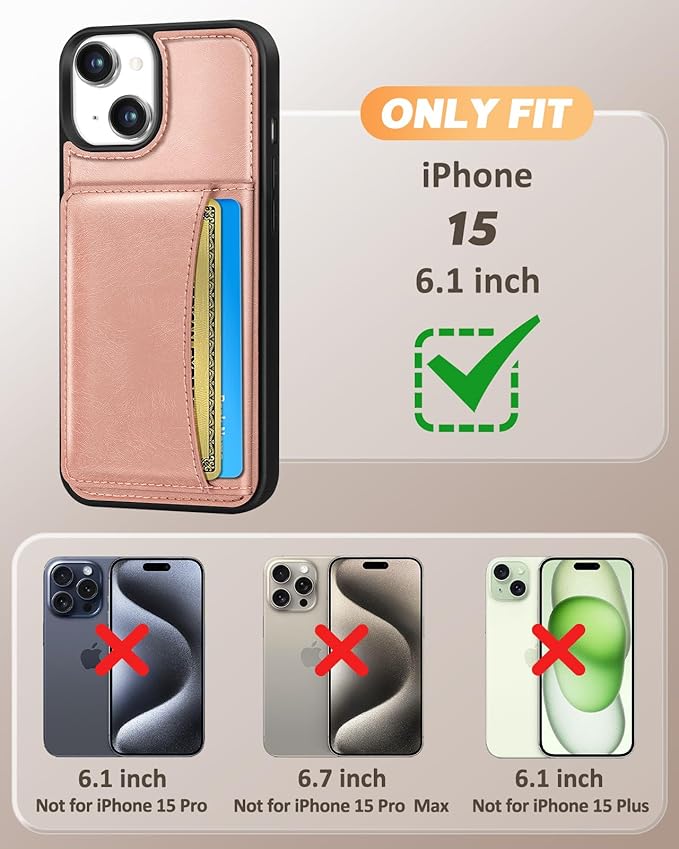 for iPhone 15 Case with Wallet - Fits 4 Card Slots, Compatible with MagSafe for Women Aesthetic Durable PU Leather Credit Card Holder Kickstand Phone Cover for Apple 15, Rose Gold