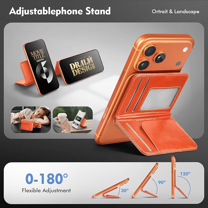 Antsturdy for Magsafe Wallet Stand with Holder,PU Leather RFID Blocking Card Holder,5 Card Slots,Strong Magnet Minimalist Flip Folio Kickstand for iPhone 17/16/15/14/13/12/Pro/Max/Plus/Air,Orange