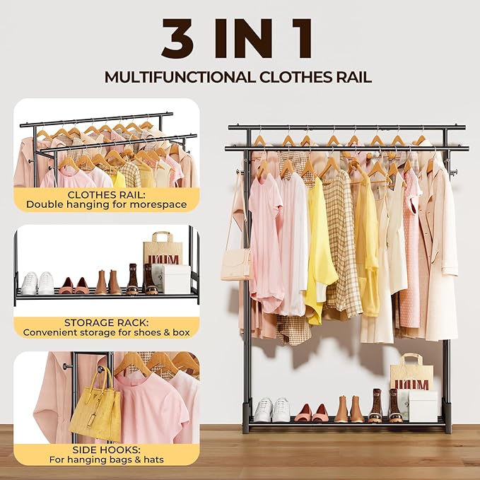 Clothes Rack for Hanging Cloth,Double Rods Metal Clothes Rack with Storage Shelf and Coat/Hat Hook, Freestanding Clothing Rack for Bedroom, Laundry, Cloakroom, Black