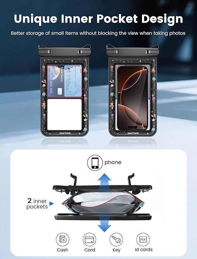 Paul Frank Waterproof Phone Pouch Floating, 2 Pack IPX8 Waterproof Phone Case with Lanyard for iPhone 17 16 15 14 Pro Max Galaxy S25 S24, Cellphone Dry Bag Beach Cruise Ship Essentials(up to 8.5")