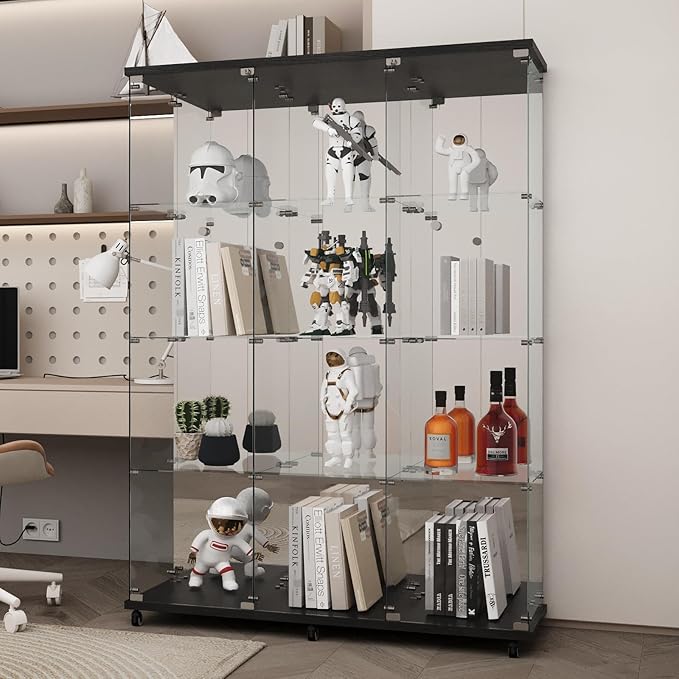 LFT HUIMEI2Y Glass Display Cabinet 12 Shelves with 3 Columns 2 Doors, Mirror Back Panel and Lock, Curio Cabinets Quick-Install Style Tempered Glass Bookshelf for Living Room, Kitchen Black