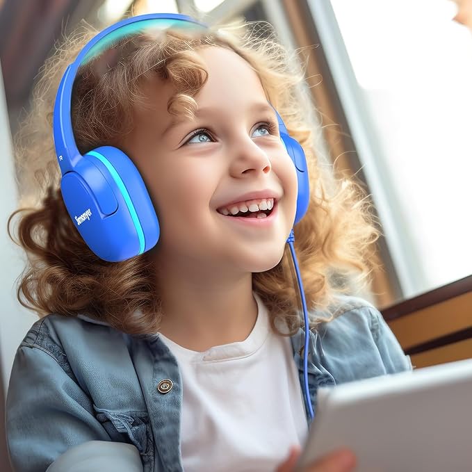Kids Headphones for School, 3.5mm Jack Wired Headphones for Kids with Safe Volume Limiter, HD Stereo Sound On-Ear Girls Boys Toddler Headphone for Tablet, iPad, Kindle(Blue)