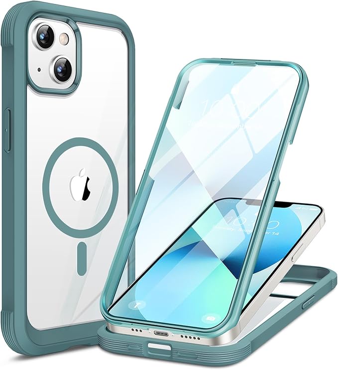 Miracase Compatible with iPhone 13 case 6.1 inch, 2021 Upgrade Full-Body Glass Clear Case Bumper Case with Built-in 9H Tempered Glass Screen Protector for iPhone 13,Teal