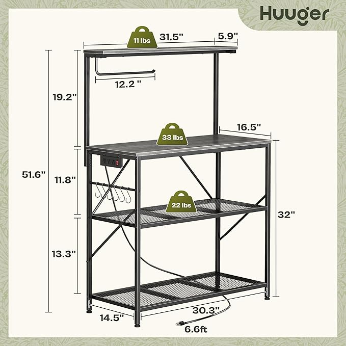 Huuger 4-Tier Bakers Rack with Reversible Power Outlet, 31.5 Inch Microwave Stand with Paper Towel Holder, Kitchen Bar, Larger Storage with Top Shelf, 6 S Hooks, Grey