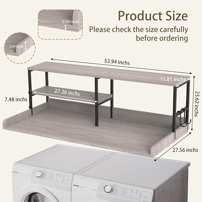 Washer and Dryer Countertop with Shelf, 2-Tier 54" x 27.5" Wood Laundry Countertop, Washer Dryer Topper with High Edge Rails and Hooks, Non-Slip Pads, Waterproof & Heat Resistant Top (Gray)