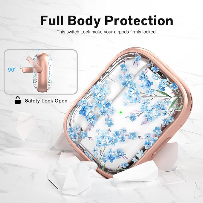 Maxjoy for AirPods Pro 2nd/1st Generation Case, Cute Flower AirPod Pro 2 Case with Safety Lock Hard iPod Pro Cover for Women Girly with Keychain for AirPod Pro Cover(2023/2022/2019), Blue