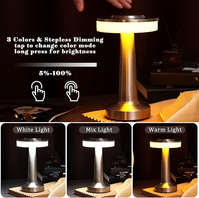 VIHOSE 8 Pcs Silver Cordless Table Lamps LED Portable Rechargeable Table Lamp with Touch Sensor 3 Color Dimming up to 15 Hours Battery Desk Light for Restaurant Nursery Living Room