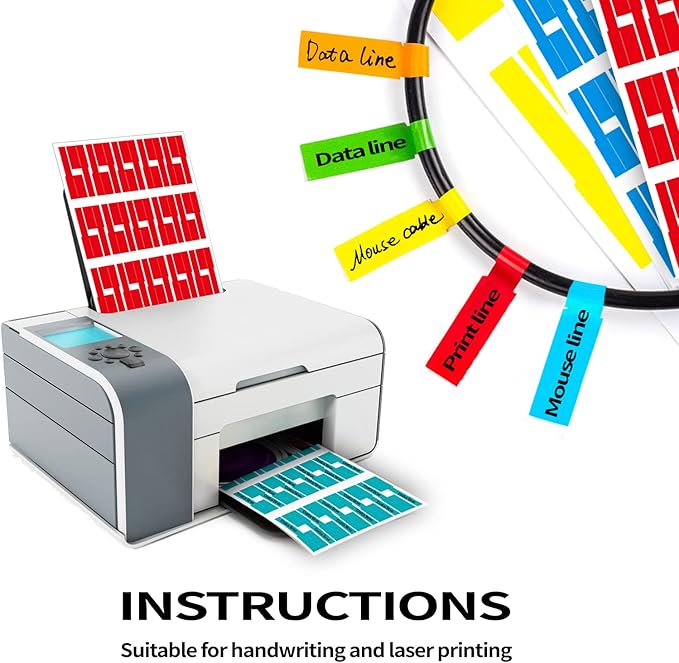 270 PCS Tear Resistant Cable Labels, 9 Colors Waterproof Cable Tags Wire Labels for Management, Cord Label Can Write On, Self Adhesive Wire Label Printable for Laser Printer and Handwriting