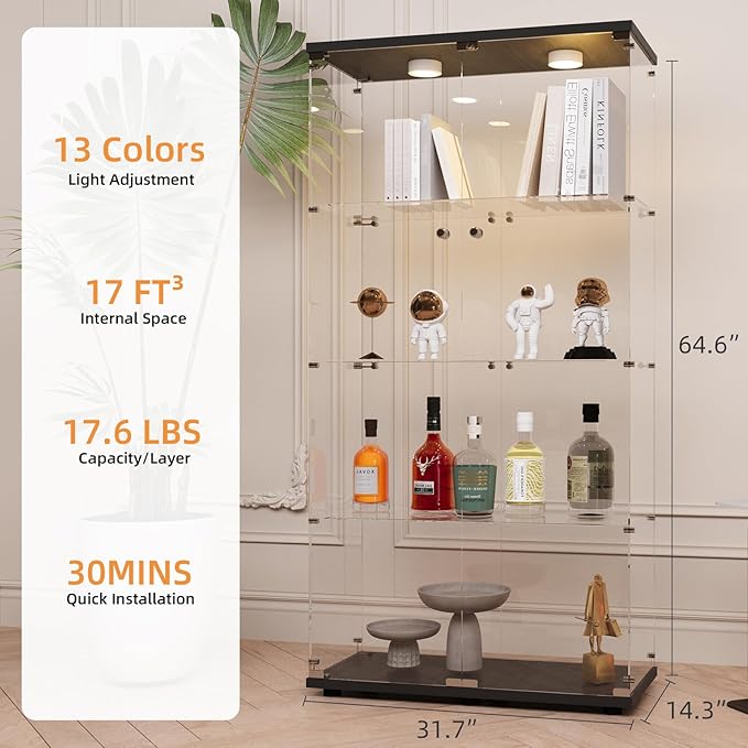 LFT HUIMEI2Y Glass Display Cabinet with LED Lights and Lock, 2 Door Curio Cabinets, Tempered Glass Collection Display Showcase for Bedroom, Living Room 65” Black