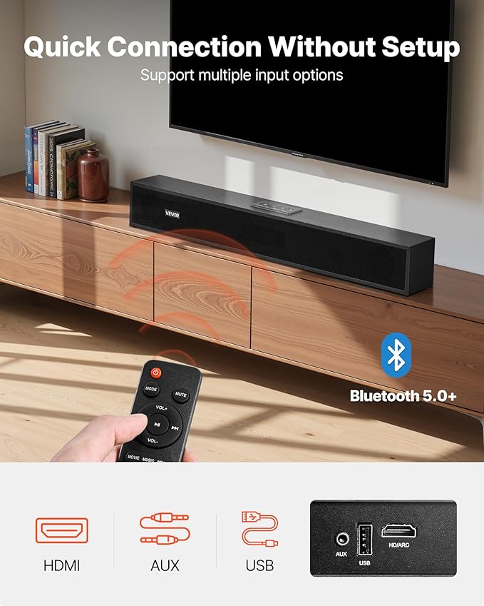 VEVOR Sound Bar for Smart TV, 2.0 Channel, 24-Inch Compact Soundbar TV Speakers for Projector, Bluetooth AUX Connection, Remote Control, Easy Setup, 80W Surround Sound System for PC Home Theater Audio