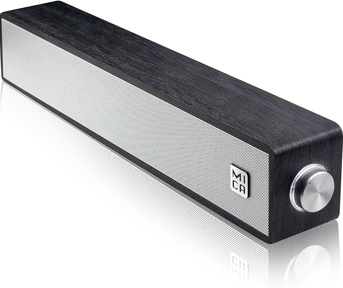 MICA Computer Speakers, Vintage Wired Computer Sound Bar, Retro Wooden Mini Soundbar, 3.5mm Aux Connection, USB Powered PC Speakers for Desktop Monitor, Laptop, Tablets (Black)