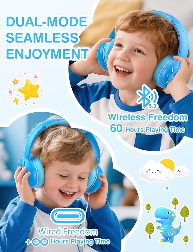 Kids Bluetooth Headphones, Rainbow LED Light, Dinosaur Buddy, 85dB Volume Limited, 60 Hours Playtime, Bluetooth 5.3, USB C, Kids Wireless Headphones for iPad/Tablet/Travel/School, Durable
