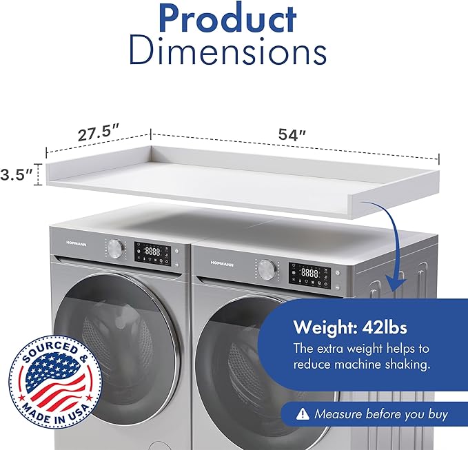 OfficeSimpli Washer Dryer Countertop, Made in USA, Non-Slip Pads, Easy Clean, Laundry Room Essentials and Decor, Washer Dryer Wood Top for Organization (Glacier White, Standard (27.5" x 54"))