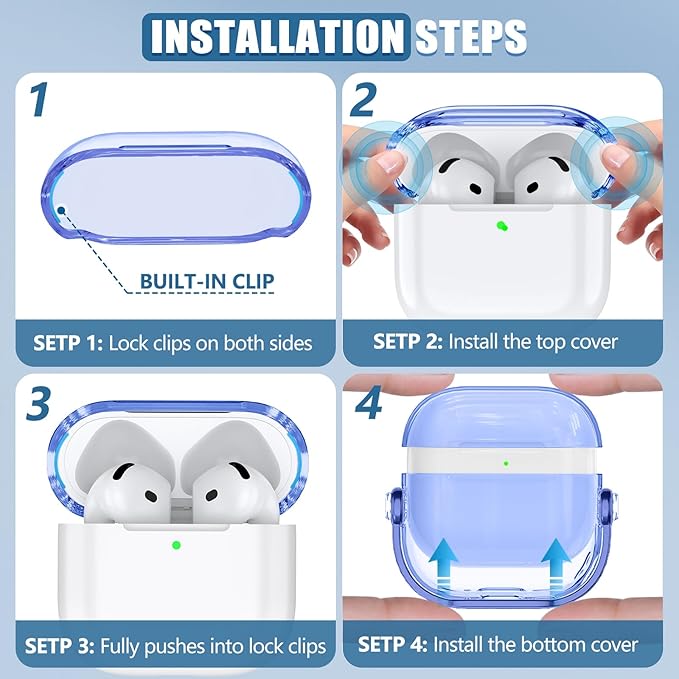Safety Lock for Airpods 4 Case,TPU Clear Case for Apple Airpods 4 Case 2024 USB-C with Cleaner Kit, Drop Protection Airpods 4 Case Cover for Men for Women with Lock and Keychain, Clear Blue