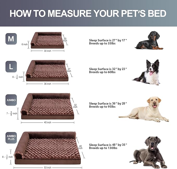 MIHIKK Orthopedic Dog Couch Bed Deluxe Plush L-Shaped with Waterproof Lining Bolster Dog Sleeping Sofa with Removable Washable Cover & Nonskid Bottom Pet Bed for Small Medium Large Jumbo Dogs, Brown