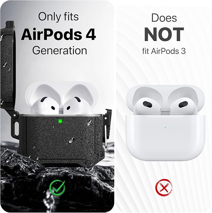 RFUNGUANGO Waterproof Case for AirPods 4 - Drop Protection for Apple AirPods 4th Generation with Carabiner & Cleaning Kit, Wireless Charging AirPod 4 Hard Case Cover, Black