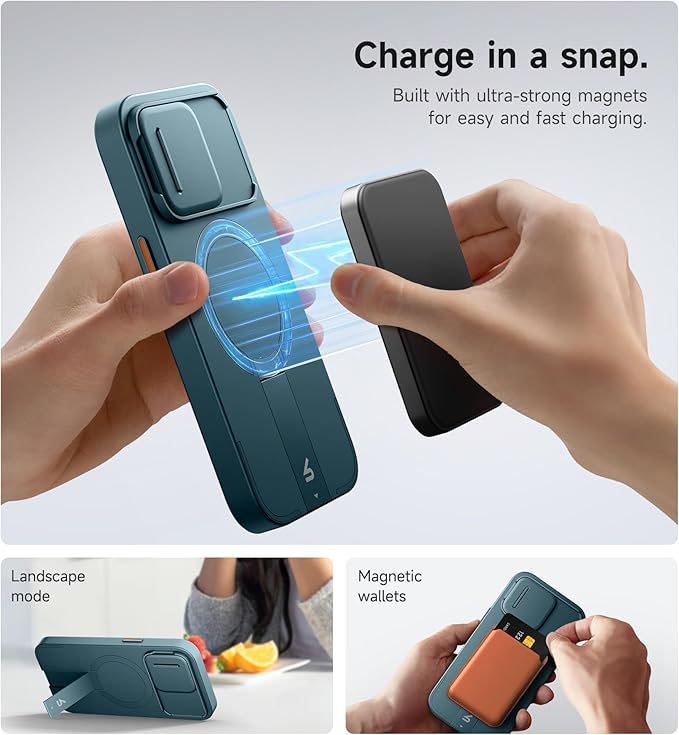 SURITCH for iPhone 15 Pro Case with Magnetic Camera Slide Cover and Adjustable Kickstand, Compatible with MagSafe, Shockproof Bumper Case Slim Protective Cover 6.1 Inch, Lake Green