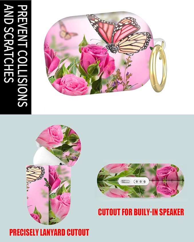 Compatible with Airpod Pro 2nd/1st Generation,Full Protection Cover for Women,Accessories Hard Case Portable & Shockproof for Airpod Pro 2nd Charging Case 2023/2022/2019(Butterfly Rose Floral)