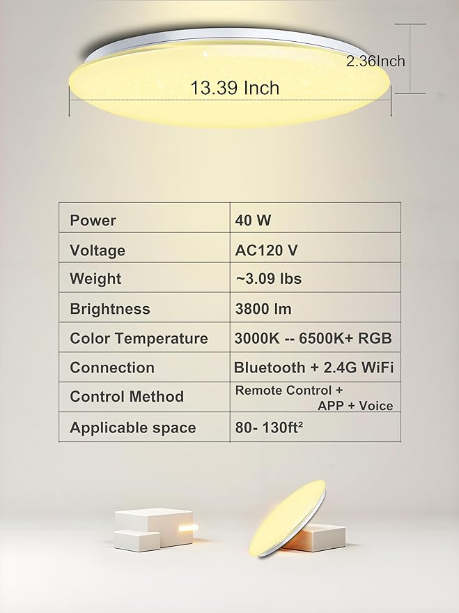 WF-Version LED Ceiling Light with Speaker 40W 13Inch Control via app/Voice/Remote Adjustable Brightness & Color Temperature Ceiling Lamp RGB Ambient Lighting for Bedroom Kids Room and More