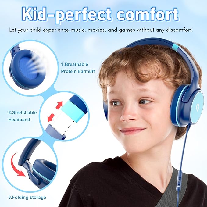 Kids Headphones with Safe 85dB/94dB Volume Limiter for Child/Teens, Foldable HD Stereo Sound Headset for Kindle Kids/fire Tablet/iPad/Laptop, Headphones with Microphone