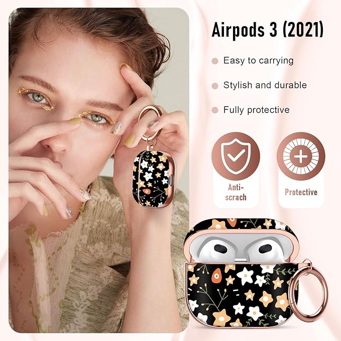 Maxjoy for AirPods 3rd Generation Case, Unique Design Hard Protective Shockproof Airpods 3 Cover with Keychain, Compatible with Apple AirPods 3rd Charging Case, Black Star Flowers Lanyard