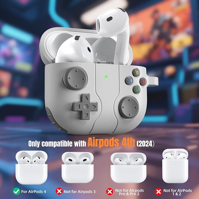 Getino Game Case for AirPods 4 2024 Cover with Cleaner Kit, Keychain, Compatible with Apple Airpods 4 Case Covers, Cute Funny Shock-Proof Protective Silicone AirPod 4 Case for Men Boy-Light Gray