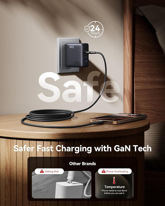 INIU iPhone 17 Charger, 3-Port 100W [USB-C + USB-A] Fast Charger, Compact Foldable USBC Cargador for iPhone 17 16, MacBook Air, IPad, Samsung S25, Switch, Students, Kid, Backpacking, Hiking etc