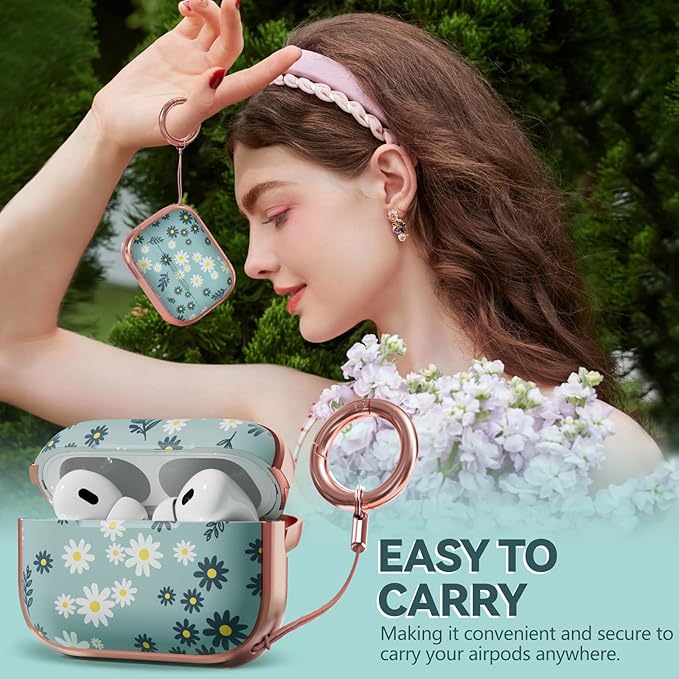 Inesore for AirPods Pro 2nd Generation Case Cover with Lock, Flowers Cute Air Pods Pro 2 Case Hard iPod Pro Cases for Women Girls with Cleaner Kit (2023 USB-C /2022/2019) - Green Daisy