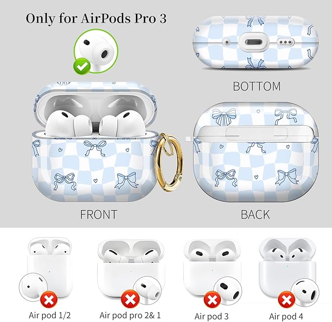 for AirPods Pro 3 Case, Compatible with AirPods Pro 3rd Generation Case (2025), Shockproof Protective Cover with Golden Carabine (Blue Bow Checkered)
