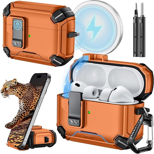 Inesore for AirPods Pro 3 Case (2025) with Phone Stand & Cleaning Kit,Compatible with Magsafe,Magnetic Automatic Lock Cover for AirPods Pro 3rd Generation, Orange